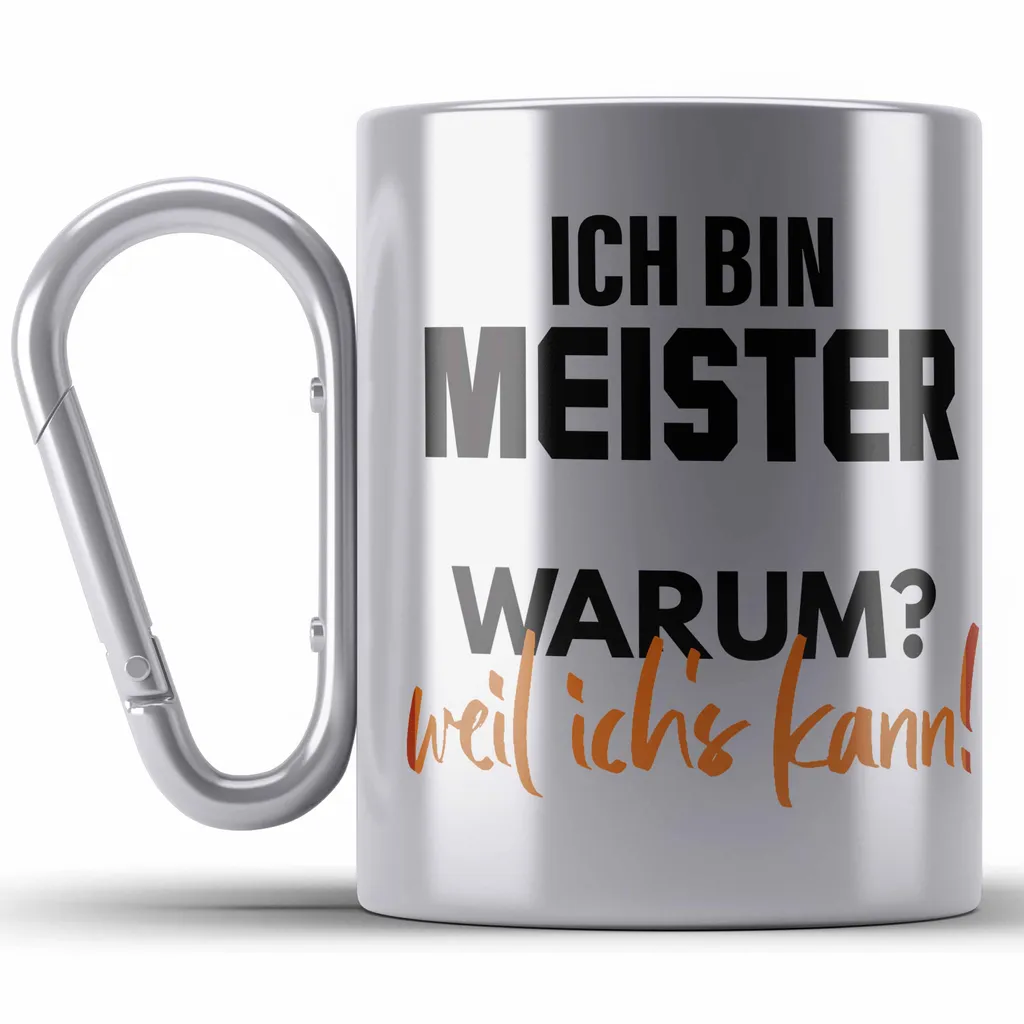 Trendation - Meister Prüfung Bestanden Geschenk Meisterprüfung Edelstahl Tasse Karabiner Mann Metallbauer Dachdecker Maler Elektrotechnik Elektronik Schreiner (Silber)